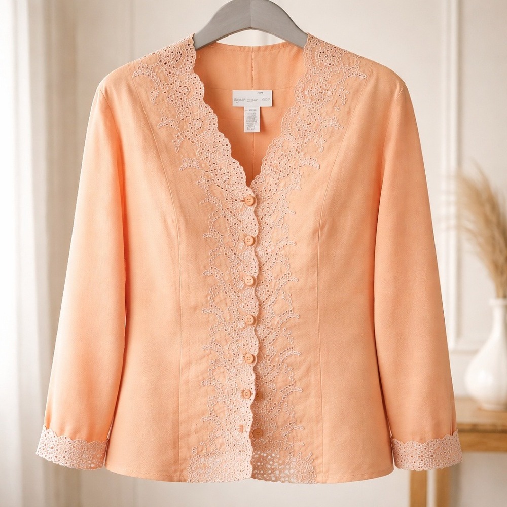 Susan Graver L Peach Linen Blend Metallic Embroidered‎ Scalloped Blouse Jacket